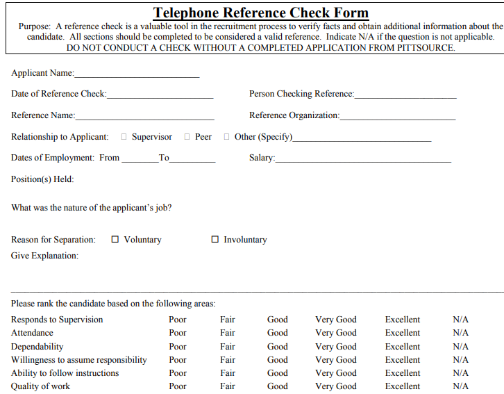 10+ Best Telephone Reference Check Form Templates